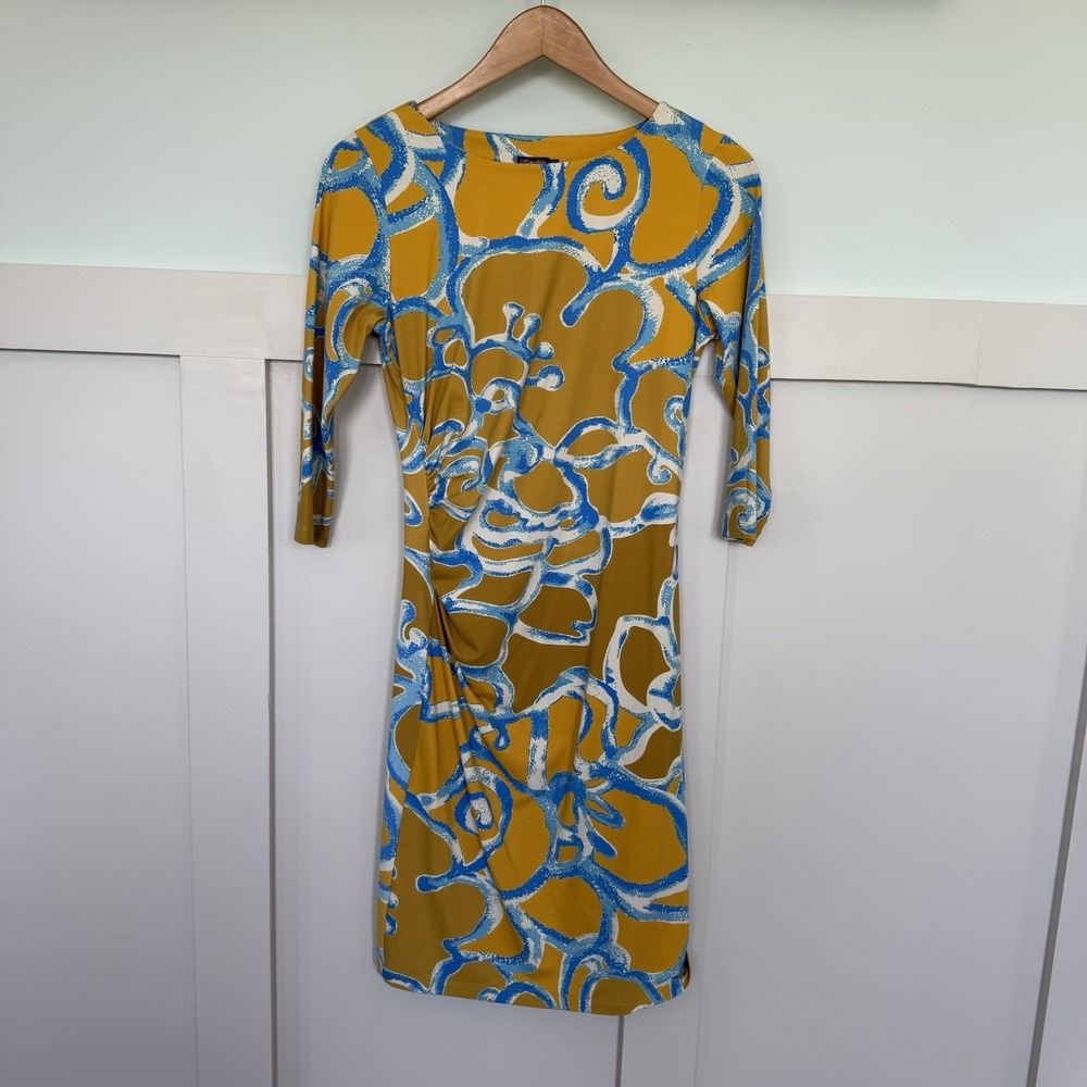 J. McLaughlin Catalina Cloth Yellow & Ocean Blue Dress XS Coastal Beach Career